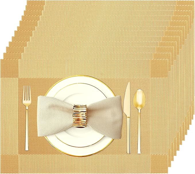 Placemats Set of 12 Washable&Wipeable Place mats for Dining Table Kitchen Indoor Outdoor Table Mats Heat Resistant Non Slip Woven Vinyl Table Placemats (Gold，12PCS)