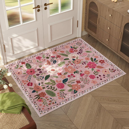 Rugcomf Door Mat Indoor Entrance 2x3 Rug Machine Washable Boho Floral Small Area Rug Non-Slip Low Pile Throw Rugs for Entryway, Kitchen, Front Door Indoor Entrance, Entry, Kids Room (Pink)