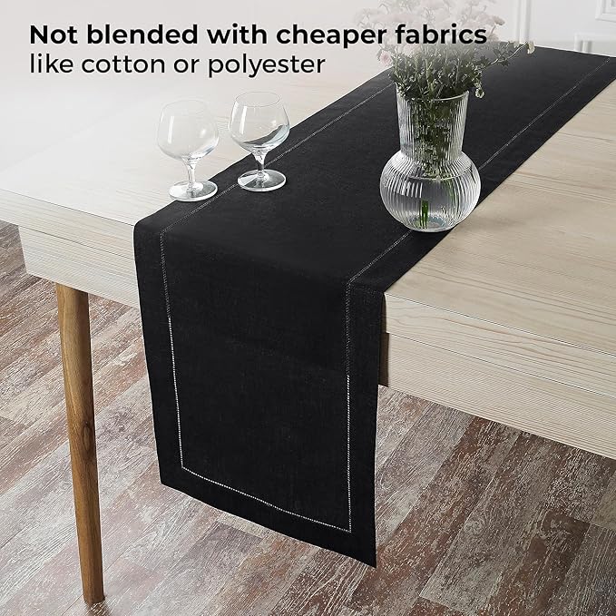 D'Moksha Homes Linen Black Table Runner 48 Inches - Classic Hemstitch, 100% Pure Linen Coffee Table Runner 14 x 48 Inch Ideal for Dresser Tables - Spring, Easter