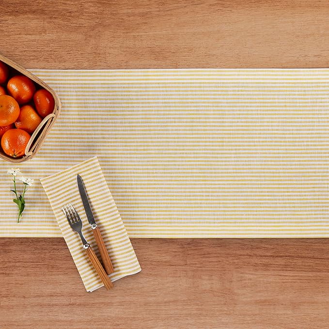 Solino Home Linen Table Runner 36 Inches - Narrow Stripe 100% Pure Linen Spicy Mustard and White Table Runner 14 x 36 Inch Ideal for Dresser and Coffee Tables, Spring, Easter