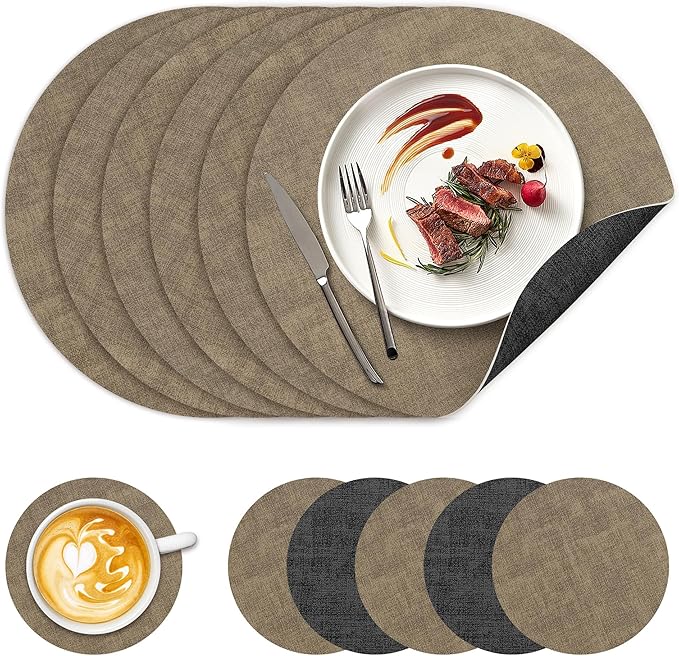 13" Round Placemats Set of 6, NCUE Dual-Sided Faux Leather Heat Resistant Table Mats, Waterproof Oilproof Washable Protective Table Placemats with Coaster, Wipeable Vinyl for Indoor & Outdoor Use