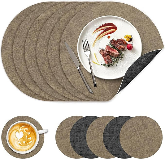 13" Round Placemats Set of 6, NCUE Dual-Sided Faux Leather Heat Resistant Table Mats, Waterproof Oilproof Washable Protective Table Placemats with Coaster, Wipeable Vinyl for Indoor & Outdoor Use