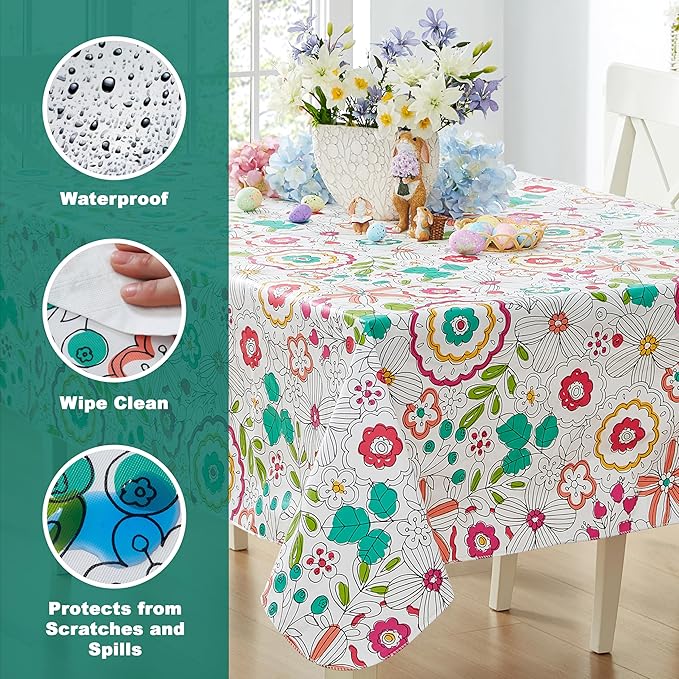 Newbridge Shabby Chic Lily Print 60 x 84 Inch Rectangle Vinyl Flannel Backed Tablecloth, Pink Yellow and Green Lily Indoor and Outdoor Waterproof Vinyl Table Cover for Spring Holiday Party