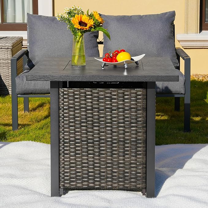 Sundale Outdoor 28 Inch Outdoor Fire Pit Table, 50000 BTU Propane Fire Pits with Rain Cover, Glass Stones and Lid, Wicker Gas Fire Pit for Outside Patio and Garden, CSA-Listed