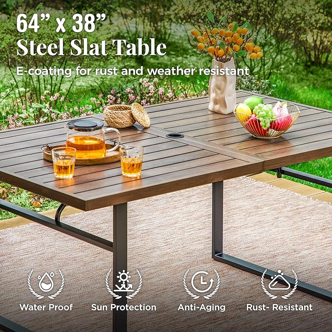 Outdoor Patio Dining Table for 6, Teak Rectangle Patio Table with Umbrella Hole, All Weather Wrought Iron Black Outdoor Table for Garden Backyard Lawn Yard