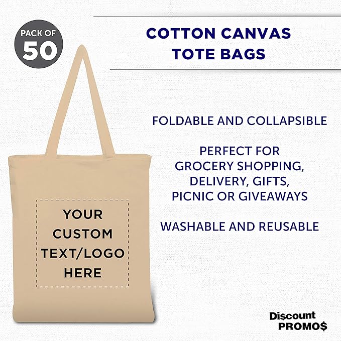 DISCOUNT PROMOS Custom Cotton Canvas Tote Bags Set of 50, Personalized Bulk Pack - Reusable, Great for Shopping, Grocery, Beach, Picnic, Wedding Favors - Natural