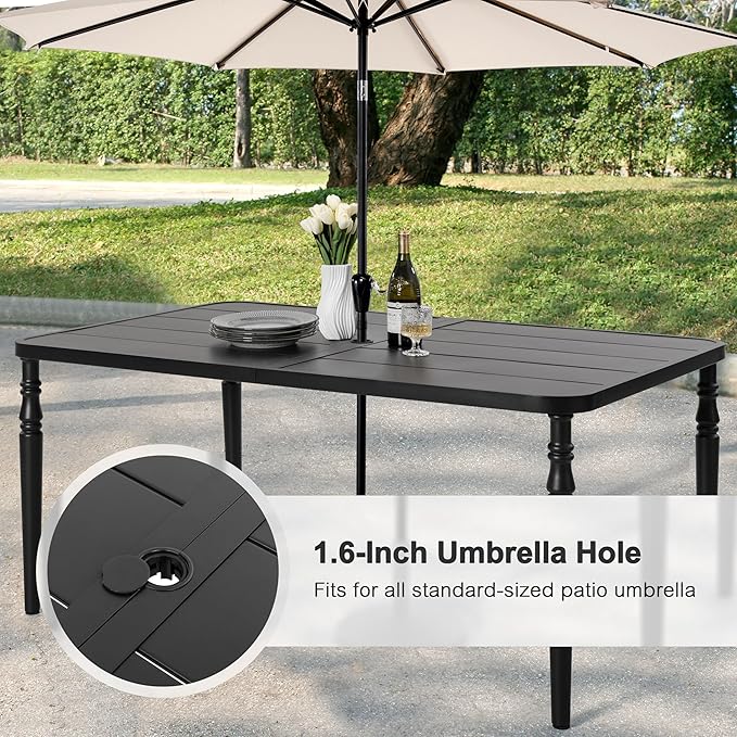 NUU GARDEN Weather-Resistant Outdoor 61” x 37” Rectangle Metal Dining Table with Umbrella Hole, Powder-Coated Frame, Slatted Tabletop, for Patio, Garden, Backyard and Balcony, Black