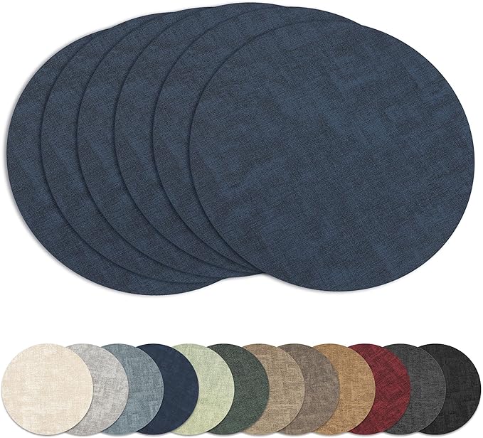 13" Round Placemats Set of 6, Reversible Faux Leather Heat Resistant Table Mats, 100% Waterproof Oilproof Wipeable Table Protective Placemats for Vinyl, Washable for Indoor (6, Navy Blue)