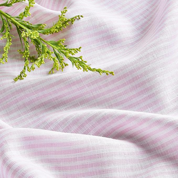 Solino Home Linen Table Runner 108 Inches Long - Narrow Stripe, 100% Pure Linen Pink and White Table Runner 14 x 108 Inch for Dining, Valentines, Spring, Easter