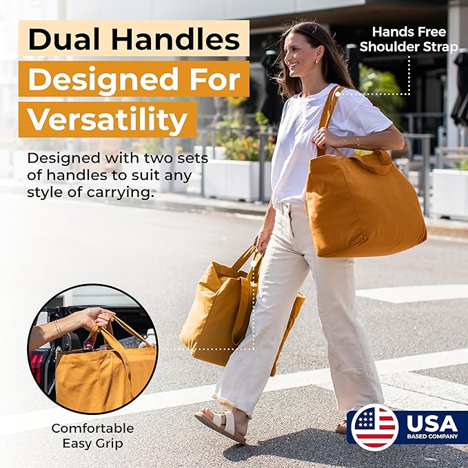 VeraMia Canvas Grocery Bag 3pc XL Set with Real Pockets, Long Shoulder Strap and Short Handle. Heavy Duty, Foldable, Washable