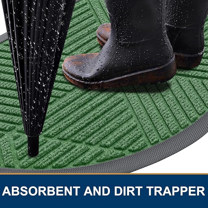 Smiry Half Circle Front Door Mat Outside Entrance, Heavy Duty Sturdy Natural Rubber Doormat, Trap Dirt and Moisture, Low Profile Mats for Indoor Outdoor Entry, Irregular Triangle (36x24, Green)