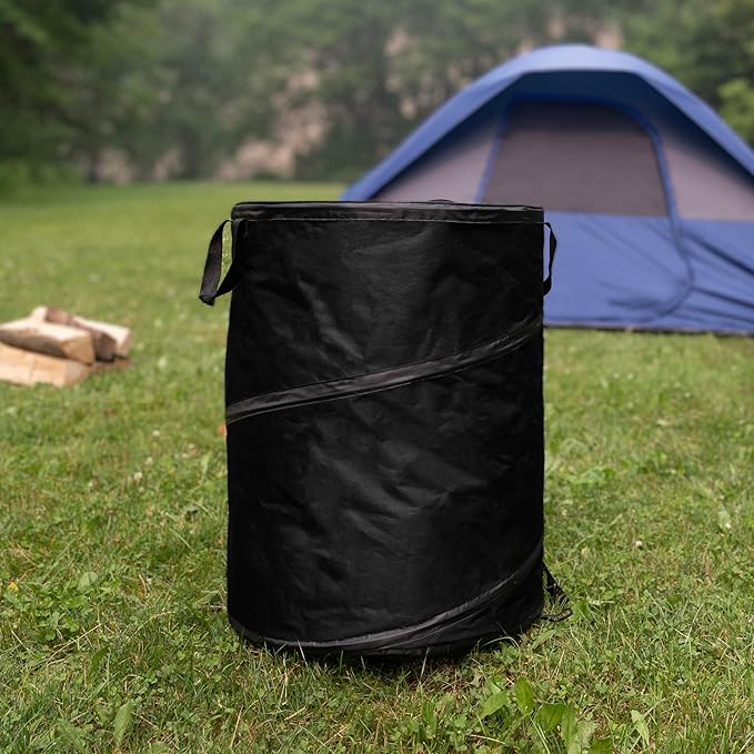 Collapsible Trash Can - 46-Gallon Garbage Can Outdoor Bin with 3 Stakes for RV, Camping, Storage, Recycling, or Yard Waste by Wakeman Outdoors (Black)