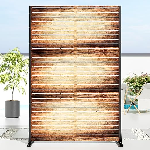 Casaphoria 72" H x 47" W Metal Outdoor Privacy Screen, Freestanding Decorative Divider for Patio, Deck, Balcony, and Garden with Stable Base, Wood Color