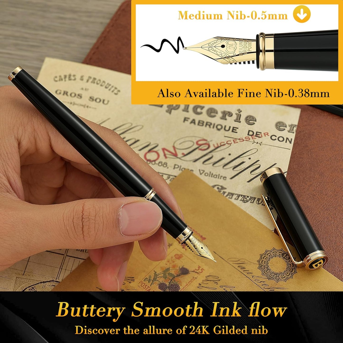 BEILUNER Black Fountain Pen,Stunning Luxury Pens with 24K Gold Accents, Gorgeous 24K Gilded Nib(Medium), Trustworthy Pen Gift for Men&Women -Ink Converter-Elegant, Reliable,Nice Pen for Writing