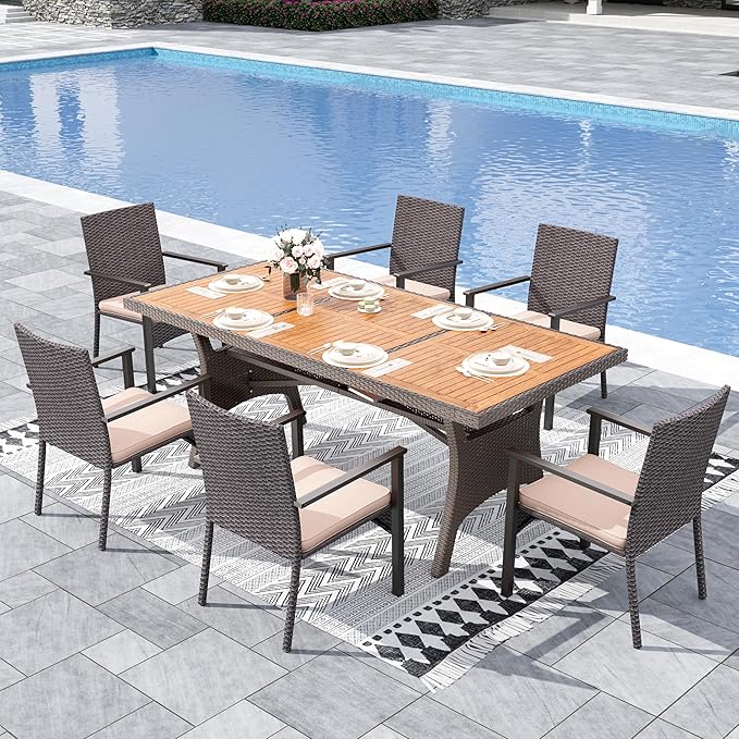 Sophia & William 7 Piece Patio Dining Set, Patio Table and Chairs Set Outdoor Dining Set for 6, Acacia Wood Patio Dining Table Set with PE Rattan Wicker Chairs for Garden, Porch, Backyard