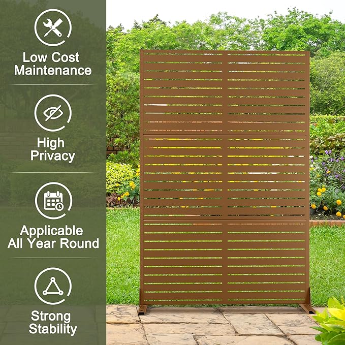 Metal Privacy Screen Outdoor 72" H×47" W, Freestanding Decorative Privacy Screen for Balcony Yard&Garden,Privacy Fence-Brown&Louvered