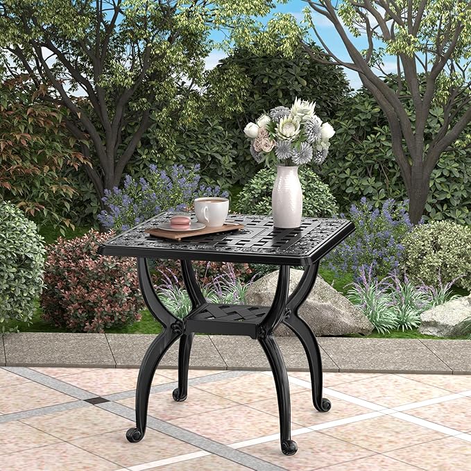 Cast Aluminum Outdoor Side Table, All Weather Square Bistro Table, Outdoor Coffee Table, Small End Table for Patio, Indoor, Lawn, Garden, Black