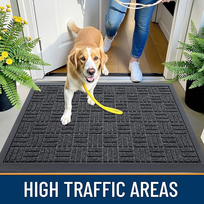 OLANLY Front Door Mat Outside Entrance 71x47, Absorbent, Heavy Duty Sturdy Natural Rubber Doormat Indoor Outdoor, Non-Slip, Stain and Fade Resistant, Low Profile Floor Mat for Entryway, Black Gray