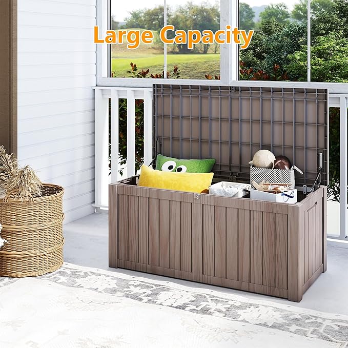150 Gallon Outdoor Storage Box Waterproof, Resin Deck Boxes with Lockable Lid & UV-Resistant for Patio, Pool, Garden Furniture Cushions & Accessories, Coffee