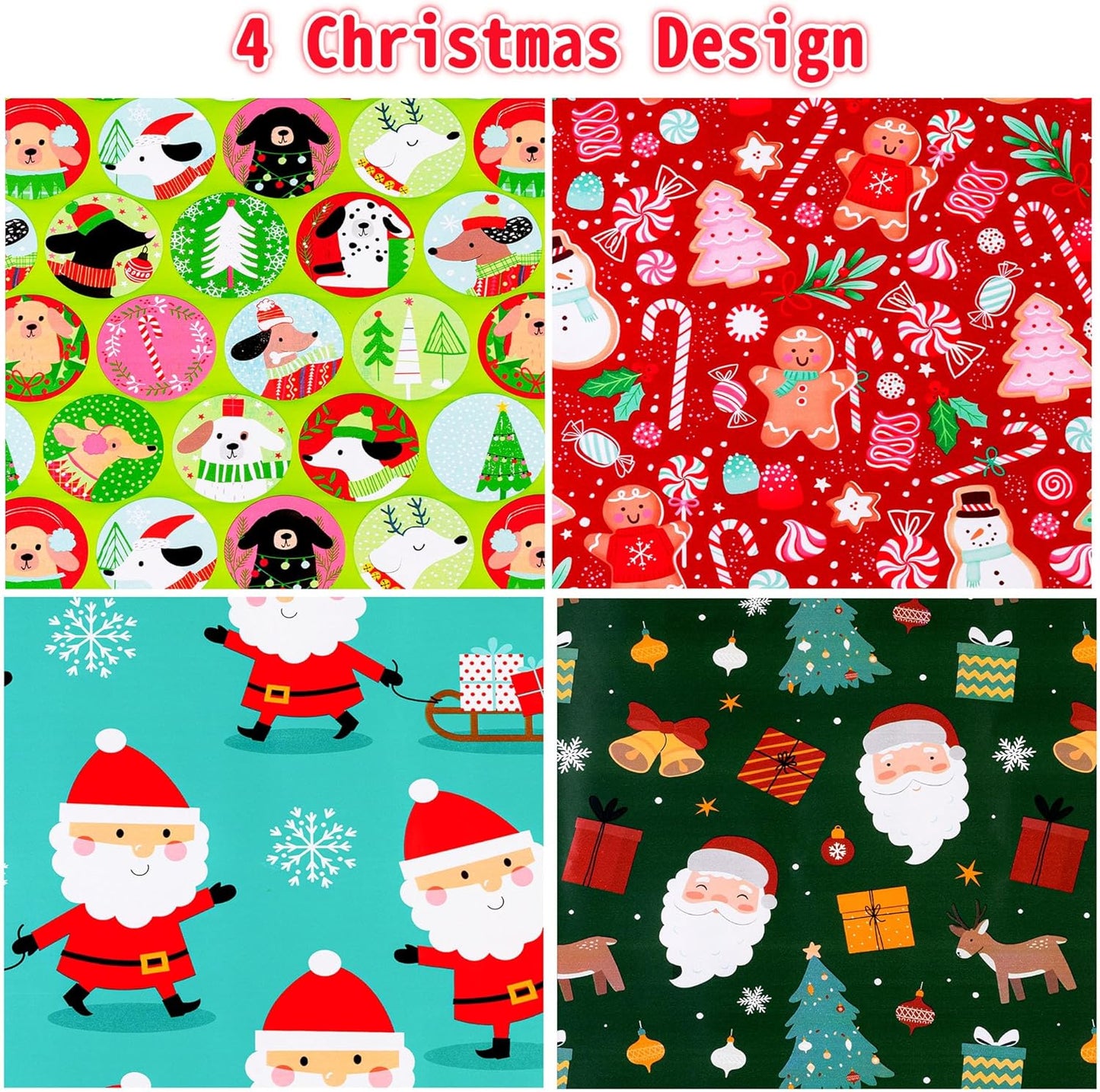 Cherubfunz Christmas Wrapping Paper (4 Rolls: 93 sq. ft. ttl) Santa Claus Carrying Gifts, Candy Cane, Reindeer, Christmas Tree/Bell, Dogs Pattern - 17 inches x 16.5 feet Per Roll