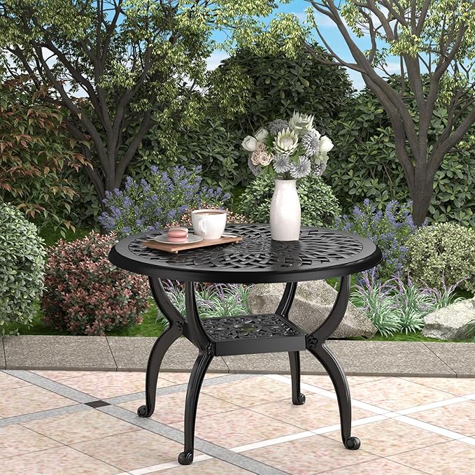 Cast Aluminum Outdoor Side Table, All Weather Round Bistro Table, Outdoor Coffee Table, Small End Table for Patio, Indoor, Lawn, Garden, Black