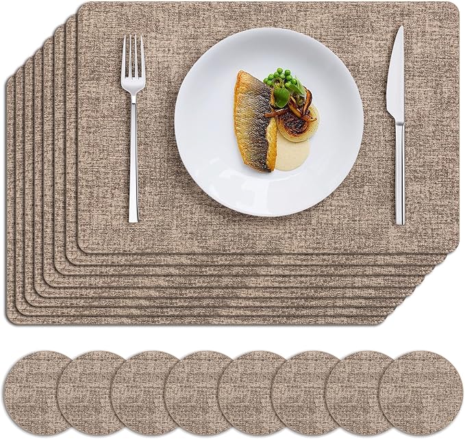 MOSAYT Placemats Set of 8, Heat Resistant Vinyl Place Mats with Coasters, Wipeable Washable 100% Waterproof Oil Proof Faux Leather Table Mats for Kitchen Dining Party Outdoor, 12" x 17", Khaki