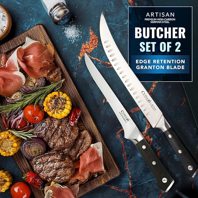 Cutluxe Butcher Carving Set – Cimeter Breaking & Boning Knives for Meat Cutting – Professional Knife, Razor Sharp German Steel, Full Tang, Ergonomic, Butcher Knives for BBQ – Artisan Series