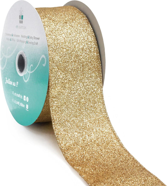 CT CRAFT LLC Glitter Wired Ribbon 2.5" x 20 Yards Light Gold for Christmas Home Decor Bow Gift Wrapping DIY Crafts Wreath