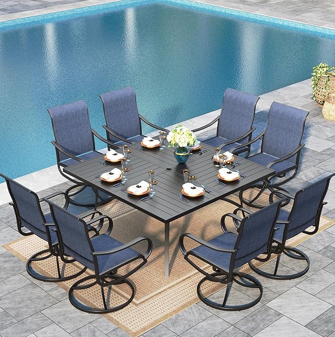 Sophia & William Outdoor Dining Set Patio Dining Sets Patio Table and Chairs Set 9 Pieces Square Outdoor Dining Table 60" for 8 with Swivel Patio Chairs for Garden Pool All Weather Blue