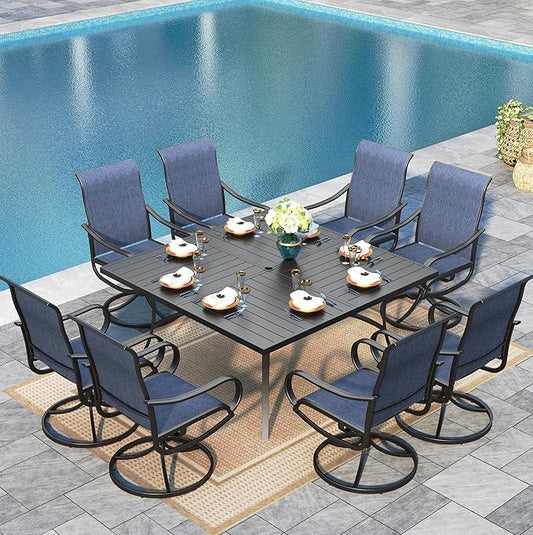 Sophia & William Outdoor Dining Set Patio Dining Sets Patio Table and Chairs Set 9 Pieces Square Outdoor Dining Table 60" for 8 with Swivel Patio Chairs for Garden Pool All Weather Blue
