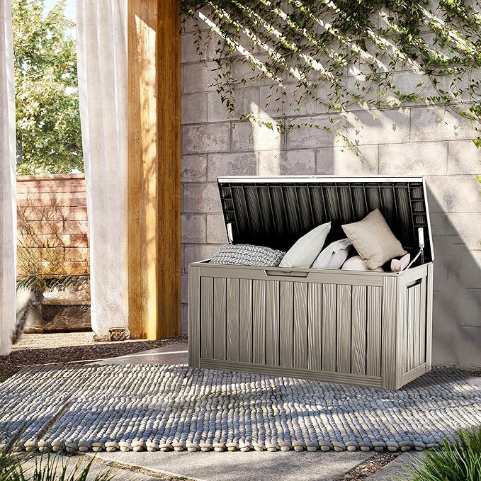 TARKARI 80 Gallon Lockable Resin Deck Box, Waterproof & UV-Resistant Outdoor Storage Box for Outdoor Cushion Storage, Garden Tools & Pool Accessories Storage, Coffee