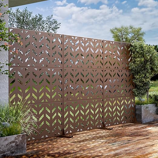 Casaphoria Metal Privacy Screen Outdoor, 72" H x 47" W Freestanding Decorative Privacy Screen for Patio Deck Balcony Garden with Stable Base, Brown Keith