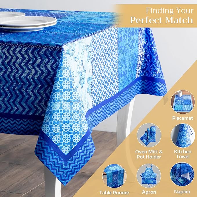 Maison d' Hermine Table Cloth Rectangle Table 100% Cotton 60 x 120 Inches Tablecloth Reusable Decorative for Dining Room, Farmhouse, Home, Party, Festive & Wedding Spring Summer - Indigo Love