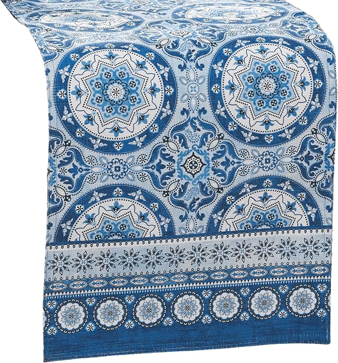 Elrene Home Fashions Vietri Medallion Blue Coastal Block Print Stain & Water Resistant Indoor/Outdoor Table or Console Runner, 13"x70"