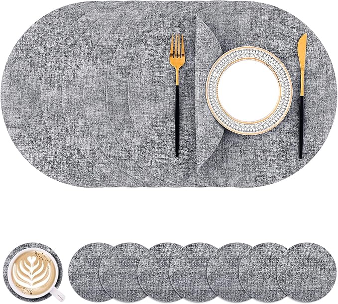 Homaxy Round Faux Leather Placemats and Coasters, Washable Dual-Side Table Mats, Wipeable Heat-Resistant Dining Place Mats for Outdoor and Indoor, Set of 8, Diameter 13 and 3.93 inch, Black