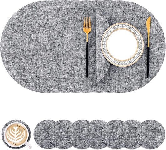 Homaxy Round Faux Leather Placemats and Coasters, Washable Dual-Side Table Mats, Wipeable Heat-Resistant Dining Place Mats for Outdoor and Indoor, Set of 8, Diameter 13 and 3.93 inch, Black