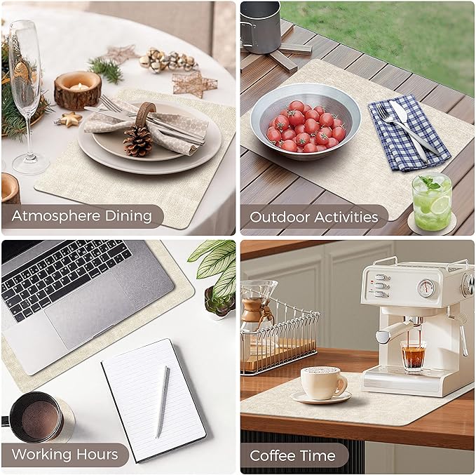 Vinyl Placemats Set of 12, Faux Leather Waterproof and Heat Resistant Place Mats, Washable Anti-Slip Table Mats with Coaster, Wipeable Placemats for Indoor & Outdoor 17" x 12" (Beige, Set of 12)