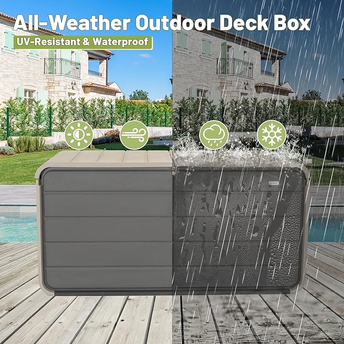 260 Gallon Outdoor Storage Box, Deck Boxes Outdoor Waterproof, Patio Storage Box, Outdoor Storage Box Waterproof, Resin, Heavy-Duty & Lockable for Backyard, Garden, Pool