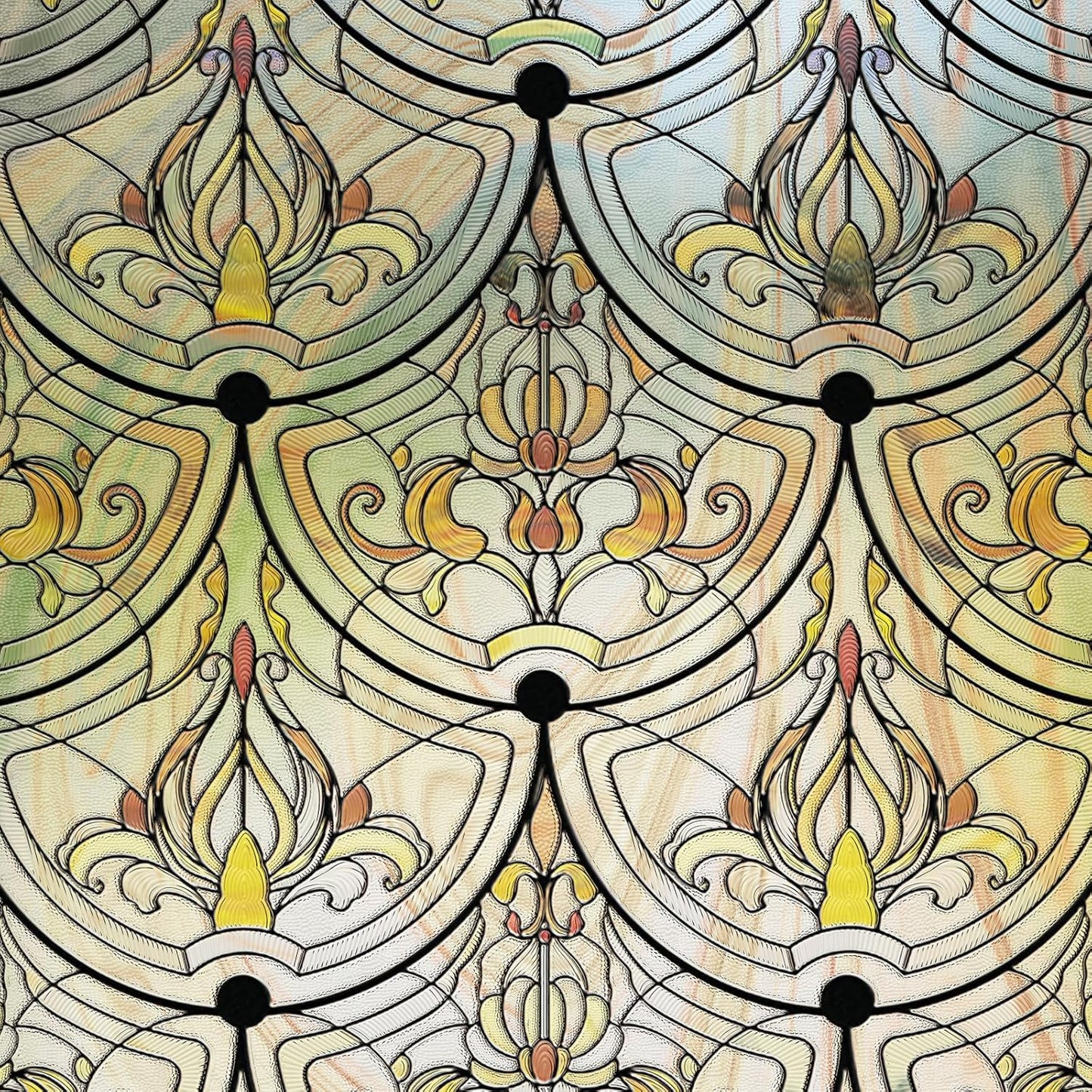 3D Stained Glass Window Film, Decorative Window Privacy Film for Bathroom,Front Door,Home, Sun Blocking Heat Control,Static Cling, Removable Non-Adhesive Golden Ironwork 23.6inch x 35.4inch