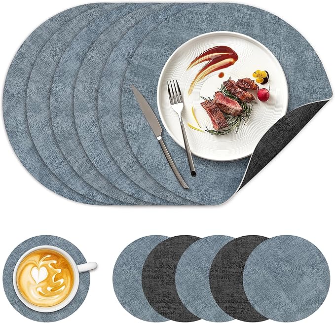 13" Round Placemats Set of 6, NCUE Dual-Sided Faux Leather Heat Resistant Table Mats, Waterproof Oilproof Washable Protective Table Placemats with Coaster, Wipeable Vinyl for Indoor & Outdoor Use