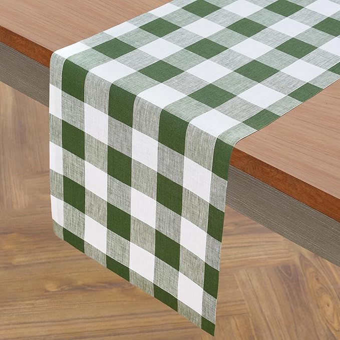 Solino Home Linen Table Runner 144 Inches Long - 100% Pure Linen Buffalo Check Olive and White Table Runner 14 x 144 Inch Ideal for Dining, Spring, St Patricks Day, Easter