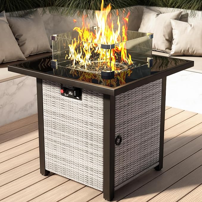 Propane Outdoor Fire Pit Table, 28" Rattan Square Fire Pit Table, Outdoor Gas FirePit With Glass Wind Guard, Tempered Glass Tabletop, Lid, CSA Listed, 50,000 BTU, Outside Patio & Garden, Grayish-White