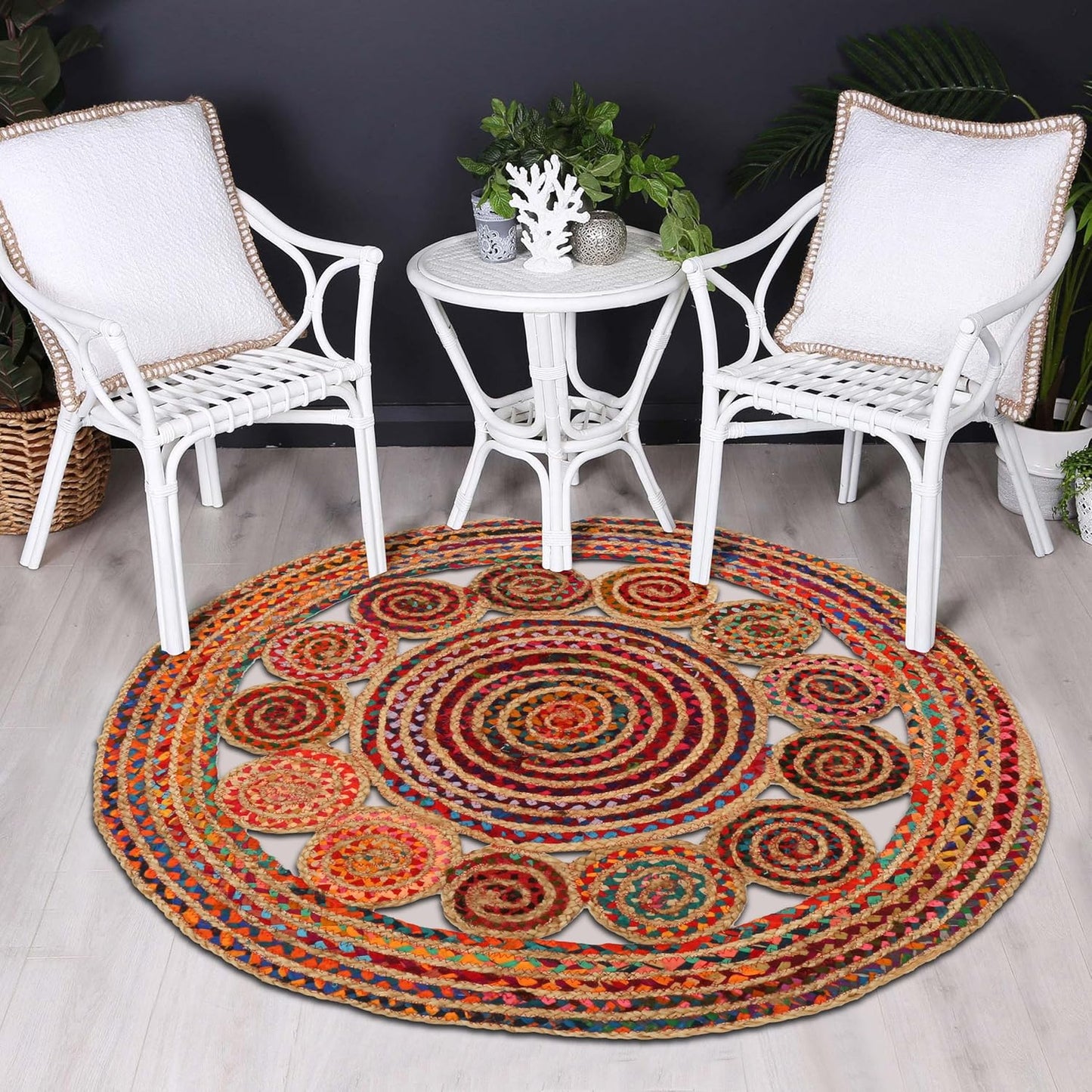 4' Round Handwoven Jute Chindi Area Rug - Colorful Boho Rugs for Living Room - Hand Braided Multicolor Bohemian Rug for Farmhouse, Bedroom, Dining Room, Classroom, Hallway, Kitchen, Office