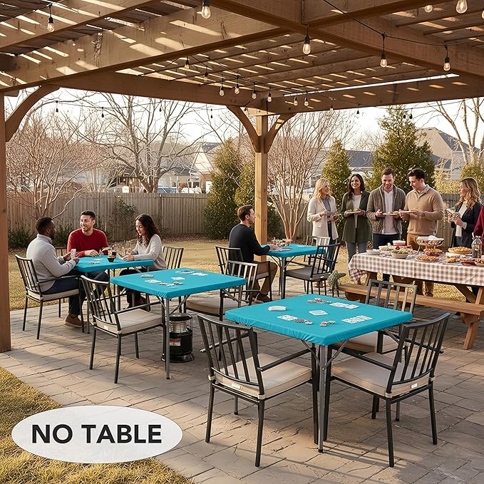 LUSHVIDA 2 Packs Vinyl Card Tablecloth with Flannel Backing 34x34 inch - Waterproof Plastic Picnic Table Cover for Square Folding Table Cloth with Elastic Corners, Teal