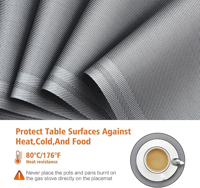Placemats Set of 8,Washable,Heat and Stain Resistant Indoor/Outdoor Place mats,Vinyl Woven Non Slip Table Mats for Restaurant Table Protection,PVC Placemats(Gray,8PCS)