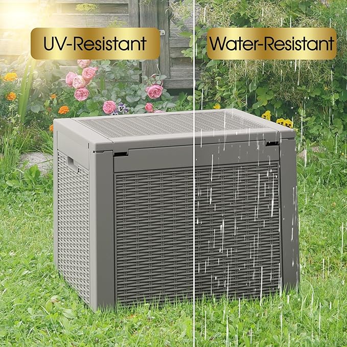 30 Gallon Outdoor Storage Deck Box Waterproof,Garden Tool,Backyard Cushion,Poolside Storage,Small Delivery Boxes for Outside,Lockable Lid,Rattan Grey