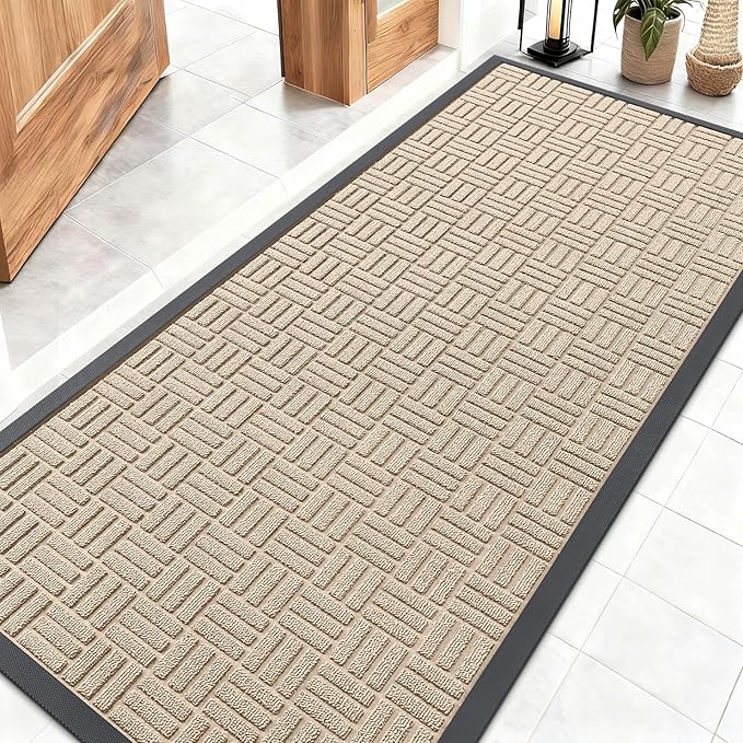 OLANLY Front Door Mat Outside Entrance 59x23, Absorbent, Heavy Duty Sturdy Natural Rubber Doormat Indoor Outdoor, Non-Slip, Stain and Fade Resistant, Low Profile Floor Mat for Entryway, Latte White