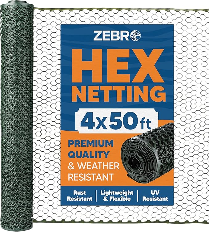 Plastic Hex Chicken Wire Mesh Garden Fence Roll (4' x 50' - Green) - Versatile Poultry Netting and Garden Fence for Temporary or Semi-Permanent Enclosures, Deer Fencing, and Construction Barriers