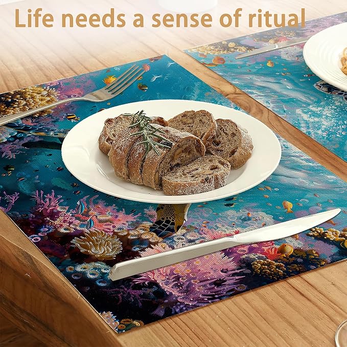 Sea Turtle Placemats Set of 6,Fish Coral Colorful Waterproof Non-Slip Washable Table Mats for Kitchen Dining Holiday Party Wedding Decor 12x18 Inch
