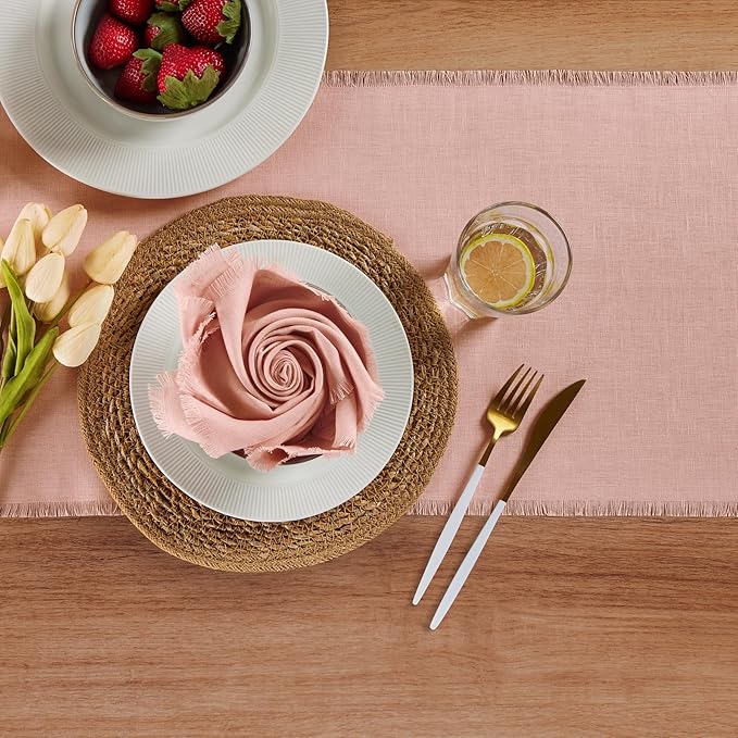 Solino Home Linen Fringe Table Runner 90 Inches Long - 100% Pure Linen Misty Pink Table Runner 14 x 90 Inch for Valentines, Spring, Easter